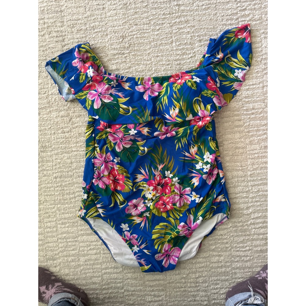 Kona Sol One Piece Swimsuit Women Plus Size 20W Off Shoulder Blue Floral Ruffle